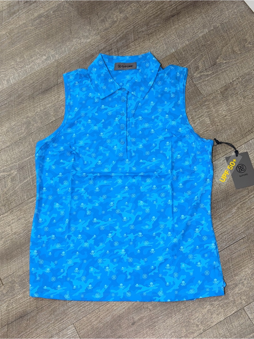 G/FORE Womens Sleeveless Polo Top - Bright Blue with Light Camo Skulls Small